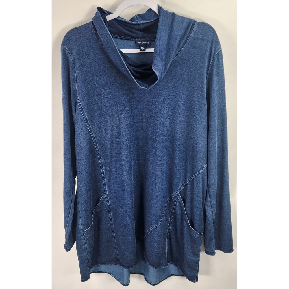 Indigo PureJill Cowl Neck Tunic Top Women's L Blue Lightweight Pockets Lagenlook